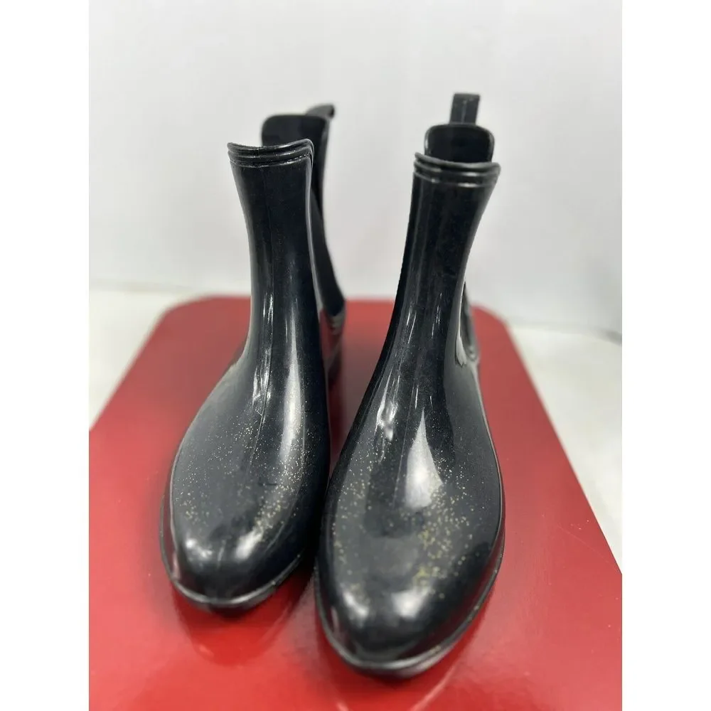 Juicy Couture Rain Boots Womens 7 Black Shinny‎ Ankle Glossy Pull On